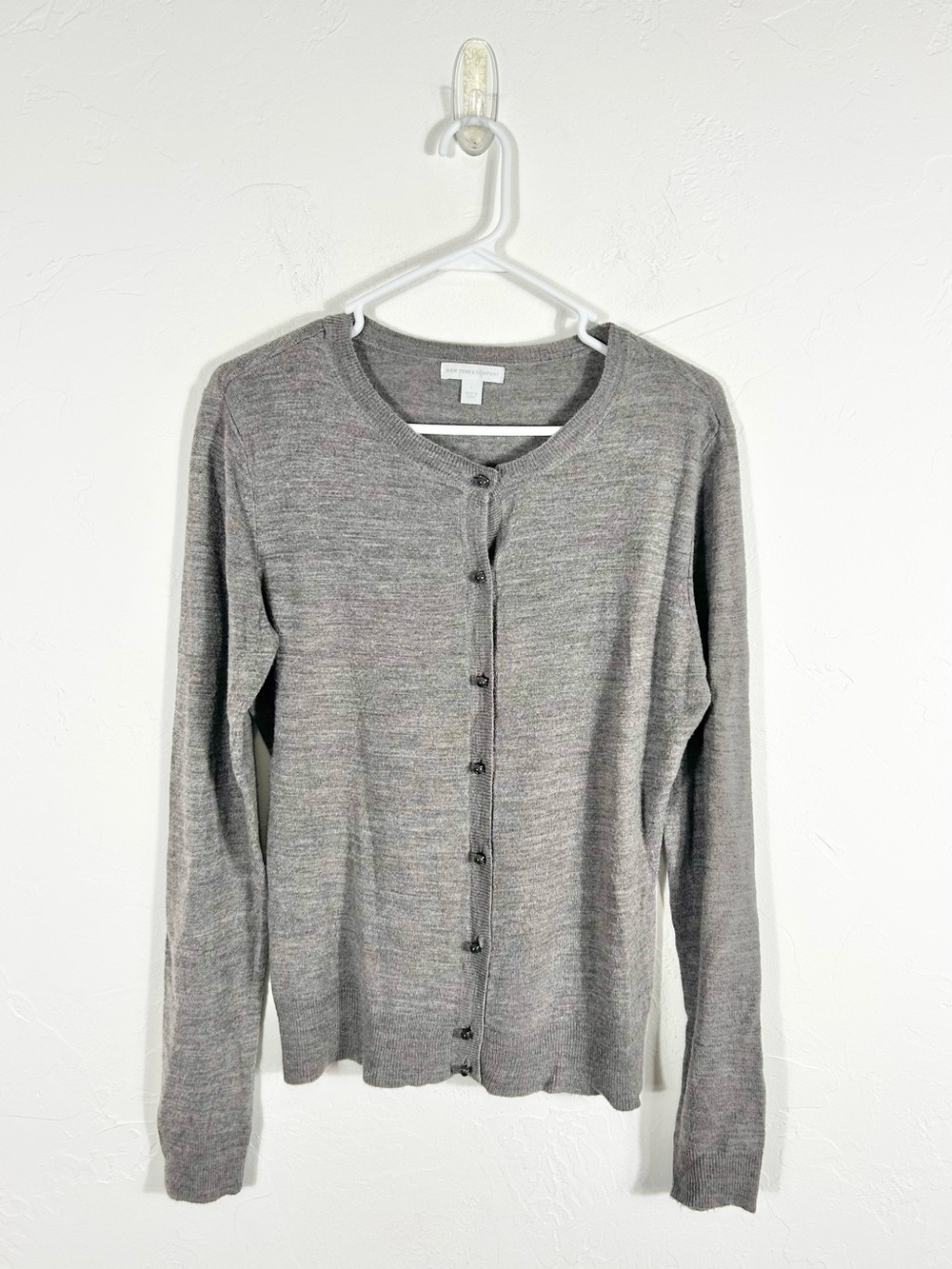 New York & Company Heather Gray Knit Crewneck Button Down Cardigan Sweater